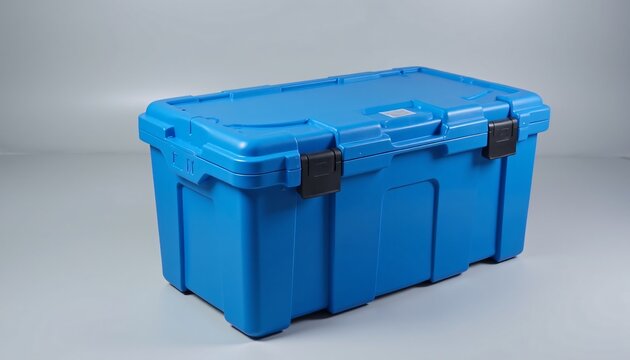Blue plastic storage container with black latches on gray background.