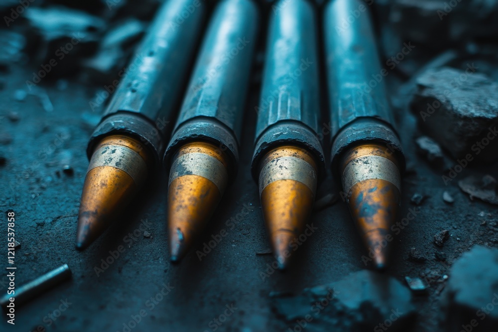 Poster metallic projectiles arranged on a textured surface in low light conditions