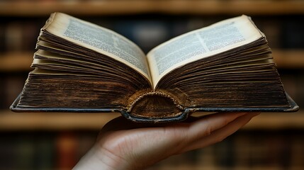 Obraz premium A close up of an open book with blurred shelves