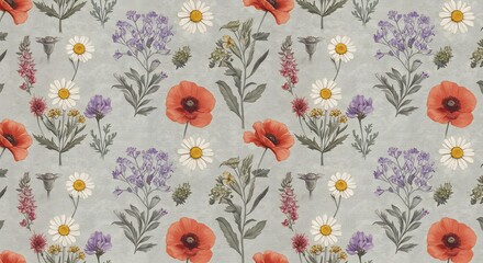 Fototapeta premium Wildflower motifs with intricate details, arranged in a balanced repeating pattern