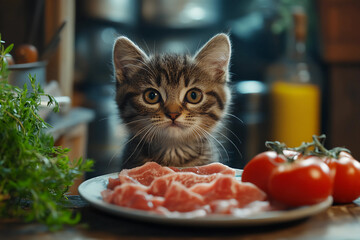 Playful Kitten Curiosity: Hiding Corner Watching Beef Slices Kitchen Counter