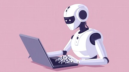 Obraz premium Robot Using Laptop Computer Technology Innovation