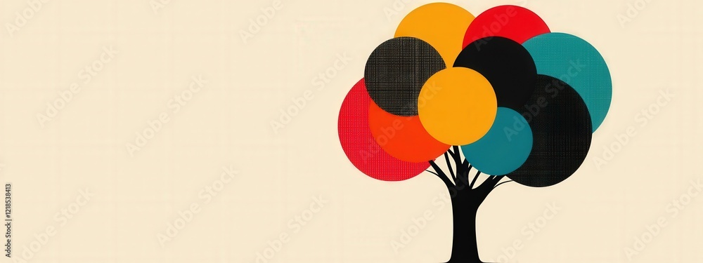Poster artistic representation of a tree with colorful circular leaves on a soft textured background