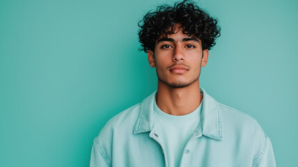Obraz premium Young man with curly hair wearing light jacket against teal background