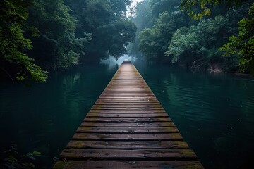Mysterious Wooden Dock Leading into a Dark Green Forest and Water