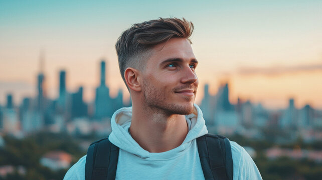 Young man with textured haircut in casual hoodie against city skyline