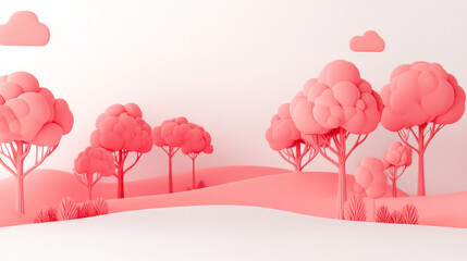 Pink trees in whimsical landscape with clouds