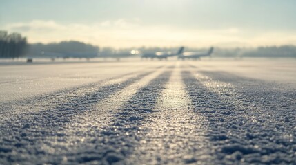 Fototapeta premium Snow-covered runway with faint tire tracks, soft sunlight casting long shadows, distant planes blurred, shallow focus. Winter serenity in motion.