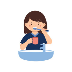 Illustration of Girl Brushing Teeth in Bathroom