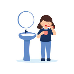Illustration of Girl Brushing Teeth in Bathroom