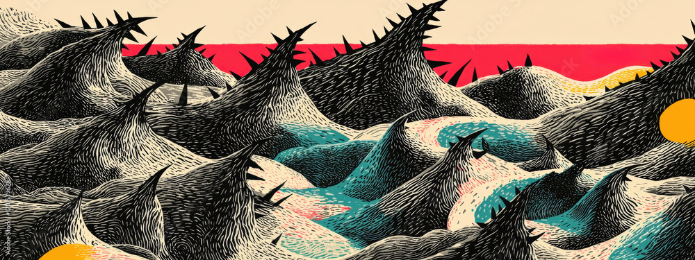 Poster abstract depiction of rugged terrain with sharp peaks and colorful background in digital art style