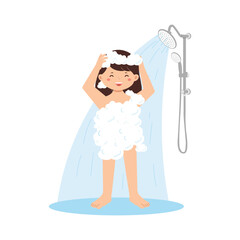 Cartoon Girl Enjoying Shower with Soap