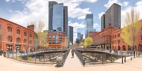 Urban cityscape with modern skyscrapers and historic brick buildings along a canal.