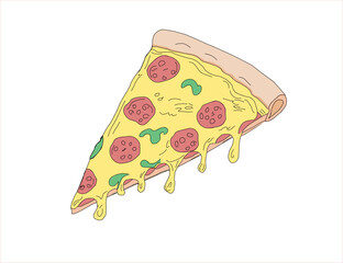 illustration of a pizza. pizza slice with salami,mushrooms, basil leaf and melted cheese for pizzeria package and menu designs. Flat Vector illustration.