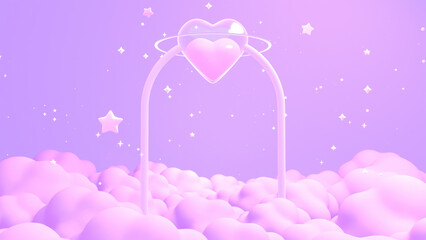 3D render dreamy heart planet gateway on purple clouds.