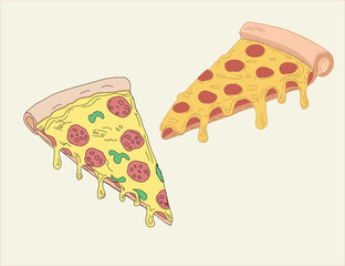 illustration of a pizza. pizza slice with salami,mushrooms, basil leaf and melted cheese for pizzeria package and menu designs. Flat Vector illustration.