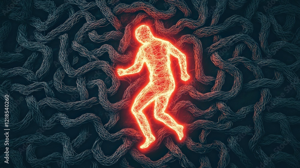 Poster illuminated figure in motion surrounded by intricate wire-like patterns on dark background