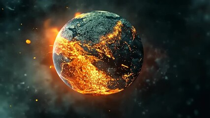 A fiery planet in space, showcasing volcanic eruptions and glowing lava against a starry backdrop - Powered by Adobe