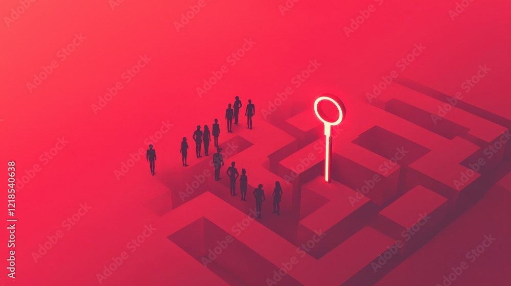 Poster figures navigating maze with key symbolizing search for solutions and opportunities in abstract envi