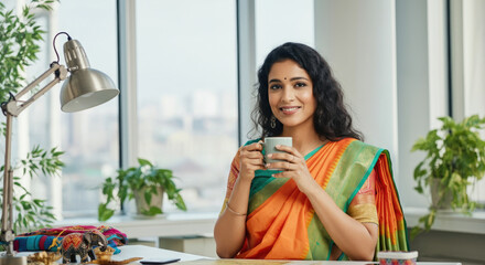 Smiling woman in traditional attire holding cup at office desk