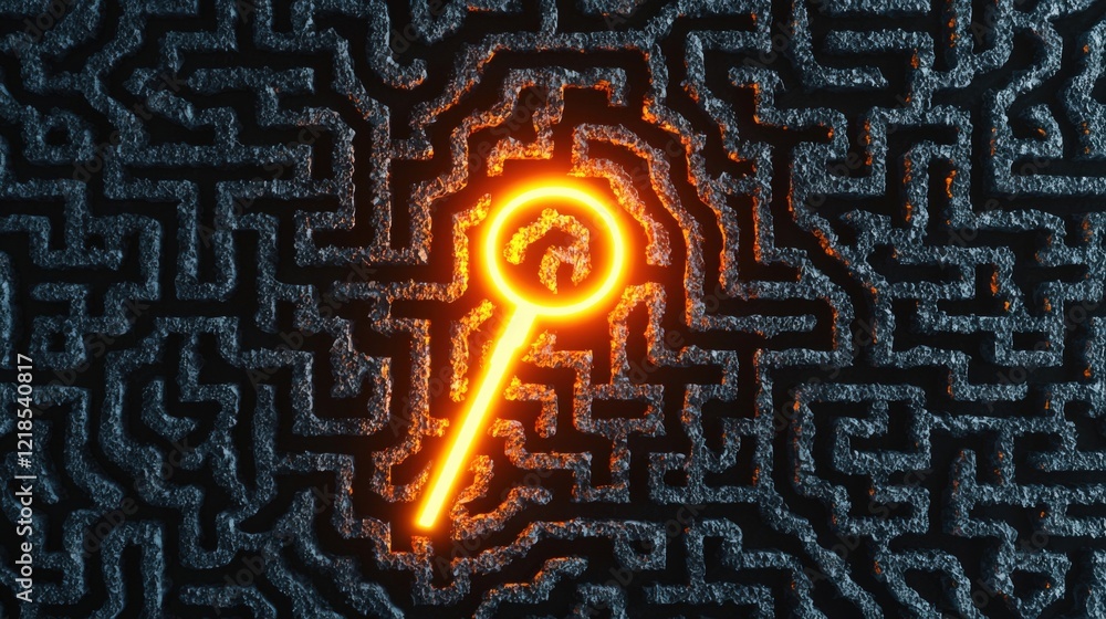 Poster abstract representation of a glowing key in a complex labyrinthine maze structure highlighting probl