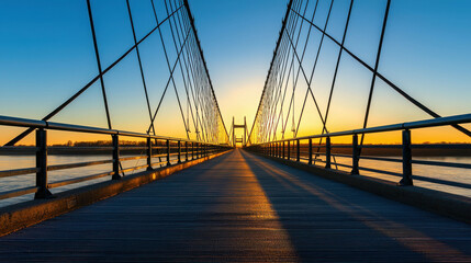 Massive Suspension Bridge Made of Intertwined Steel at Sunset Over a Calm Body of Water