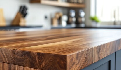 Close-up of a sleek, dark wood kitchen countertop.