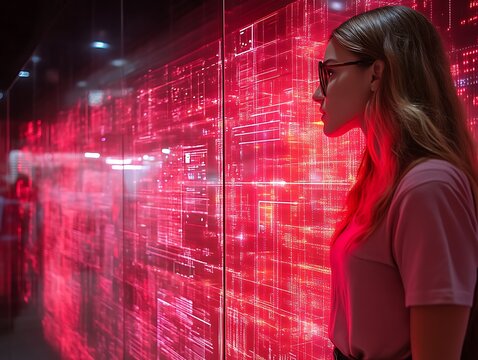 Woman observing futuristic red digital data wall.