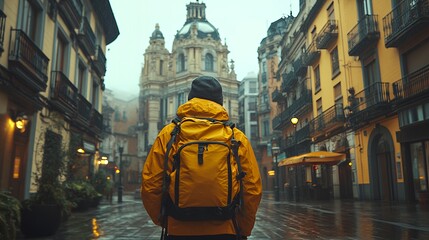 Traveler Explores a Picturesque Street With Historical Architecture on a Rainy Day in a Charming City