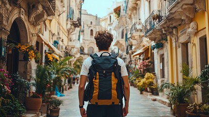 Young Traveler Exploring a Charming Cobblestone Street Adorned With Colorful Flowers in a Picturesque Town During Daylight