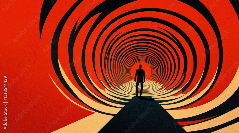 Poster man walking through abstract tunnel with red and yellow swirls against a bold graphic background