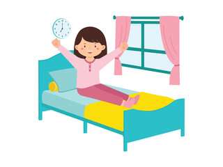 Cheerful Girl Waking Up In Bedroom
