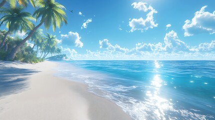 Bright Tropical Beach With Palm Trees and Clear Blue Water Under a Sunny Sky