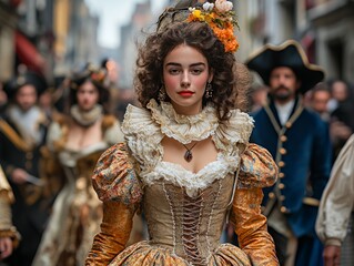 Elegant Woman in Historical Attire Walks Confidently Through a Vibrant Festival in a Bustling Street Scene During a Sunny Afternoon