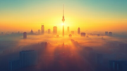 Fototapeta premium Sunrise Casts a Golden Glow Over a City Skyline Shrouded in Morning Mist With Towering Buildings and a Prominent Observation Tower in View