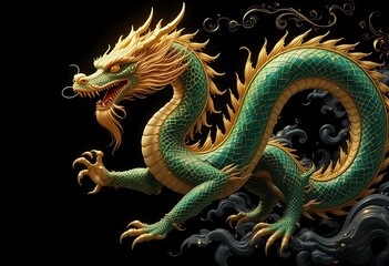Fototapeta premium Majestic Jade Dragon A Regal, Golden-Accented Sculpture