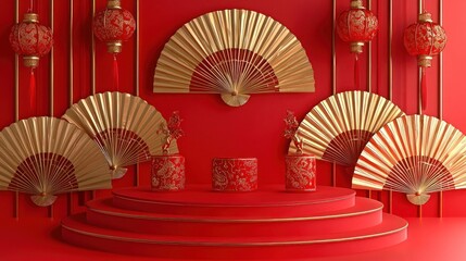 Red tiered platform with gold fans and red lanterns for festive display.