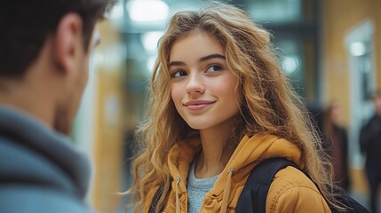 Fototapeta premium Young Students Engaging in a Friendly Conversation in a School Hallway During a Busy Afternoon