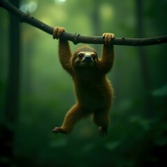 A three-toed sloth clings to a branch in a forest, its body oriented upwards, with the foliage blurred in the background.