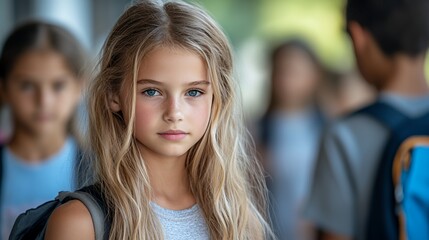 Fototapeta premium Young Girl With Long Hair Gazes Thoughtfully in a Busy School Hallway During Midday, Surrounded by Classmates and Bright Sunlight Illuminating the Scene