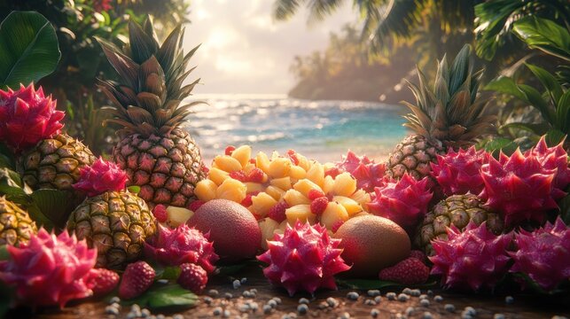 Tropical fruit salad beach sunrise
