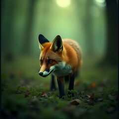 Fototapeta premium A fox with reddish-orange fur, pointed ears, and a small, alert expression stands on a bed of leaves and grass, its gaze directed off to the side against a blurred forest backdrop.
