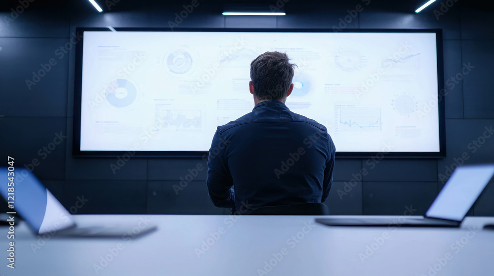 Poster modern strategy room with interactive whiteboards and data visualizations