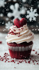 Red velvet cupcake with heart-shaped decoration surrounded by snowflakes: Snowy Valentines Day Aesthetics