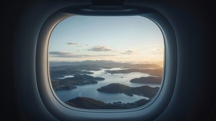 Airplane window view of islands and water with sunset, travel or transportation.