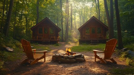 Cozy wooden cabins in a tranquil forest setting with campfire and adirondack chairs