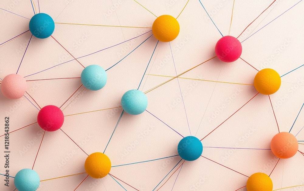 Poster colorful disconnected nodes with strings on a beige background representing connection and communica