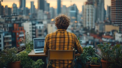 Obraz premium Young caucasian male working on laptop on urban balcony with city skyline at sunset