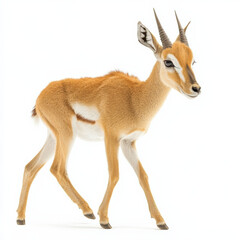 Fototapeta premium Young gazelle, light brown coat, walking, white background.