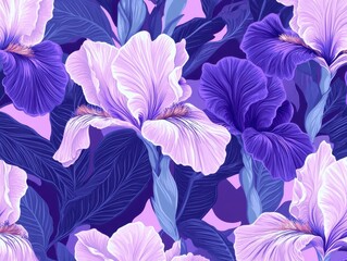 A Seamless Pattern of Purple and White Irises with Green Leaves on a Light Purple Background